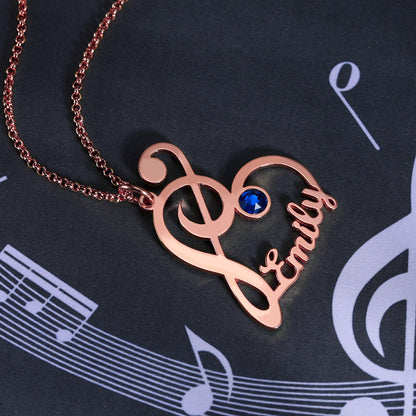 Personalized Treble Clef Name Necklace with Birthstone in Rose Gold