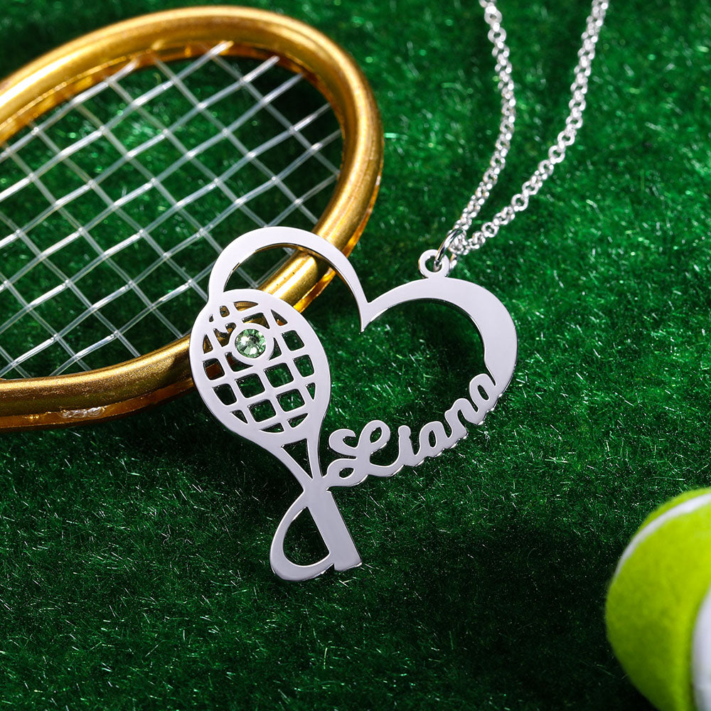 Personalized Silver Tennis Rachet Name Necklace donning Birthstone