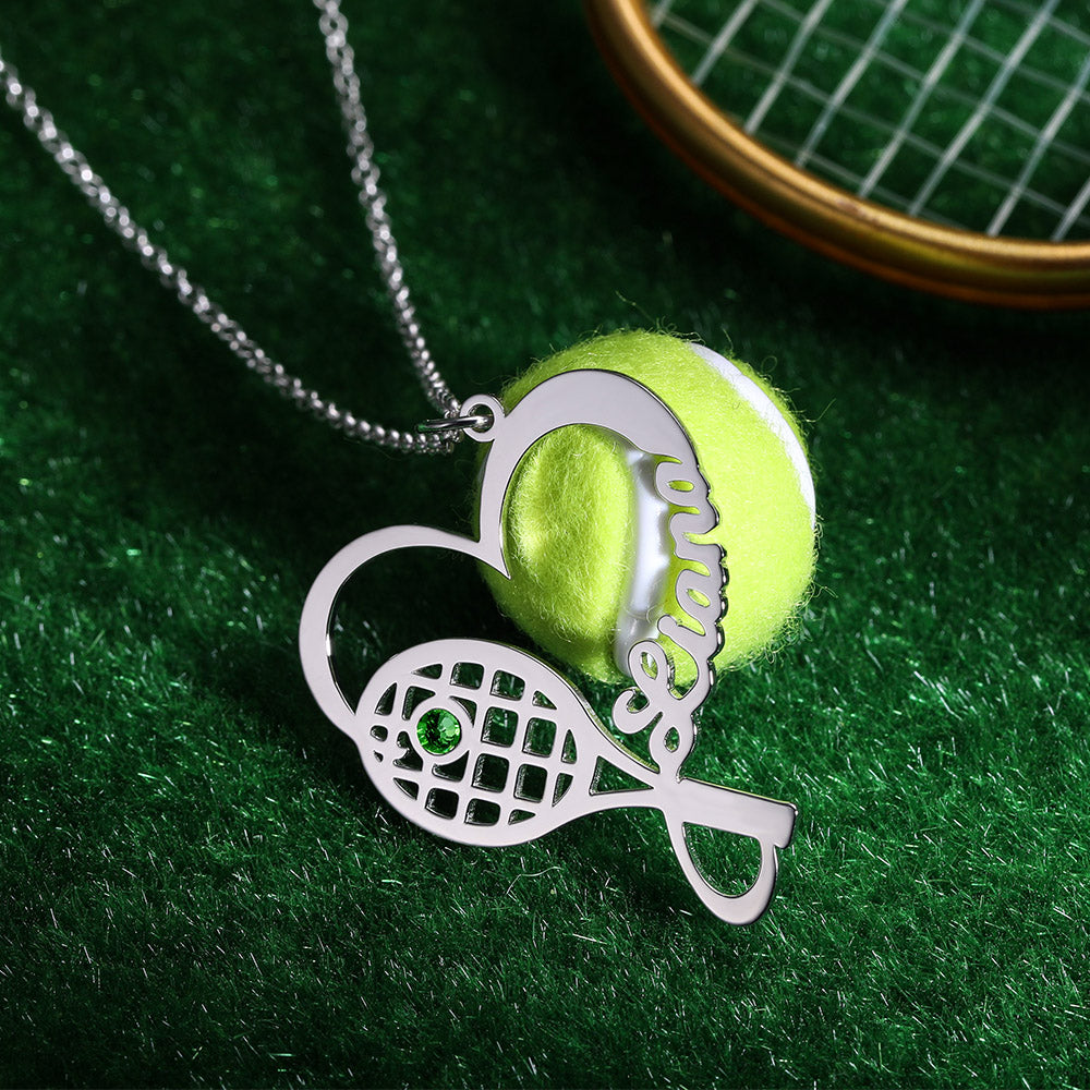 Personalized Silver Tennis Rachet Name Necklace donning Birthstone