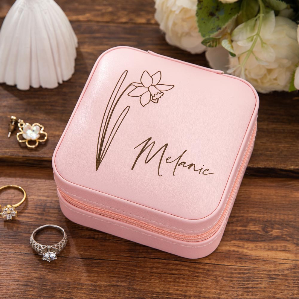 Custom Name Birth Flower Jewelry Travel Case, personalized floral jewellry gift box