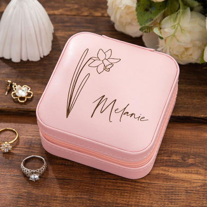 Custom Name Birth Flower Jewelry Travel Case, personalized floral jewellry gift box