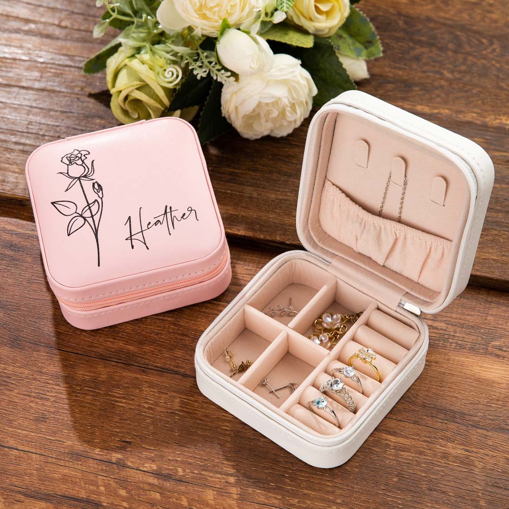 Custom Name Birth Flower Jewelry Travel Case, personalized floral jewellry gift box