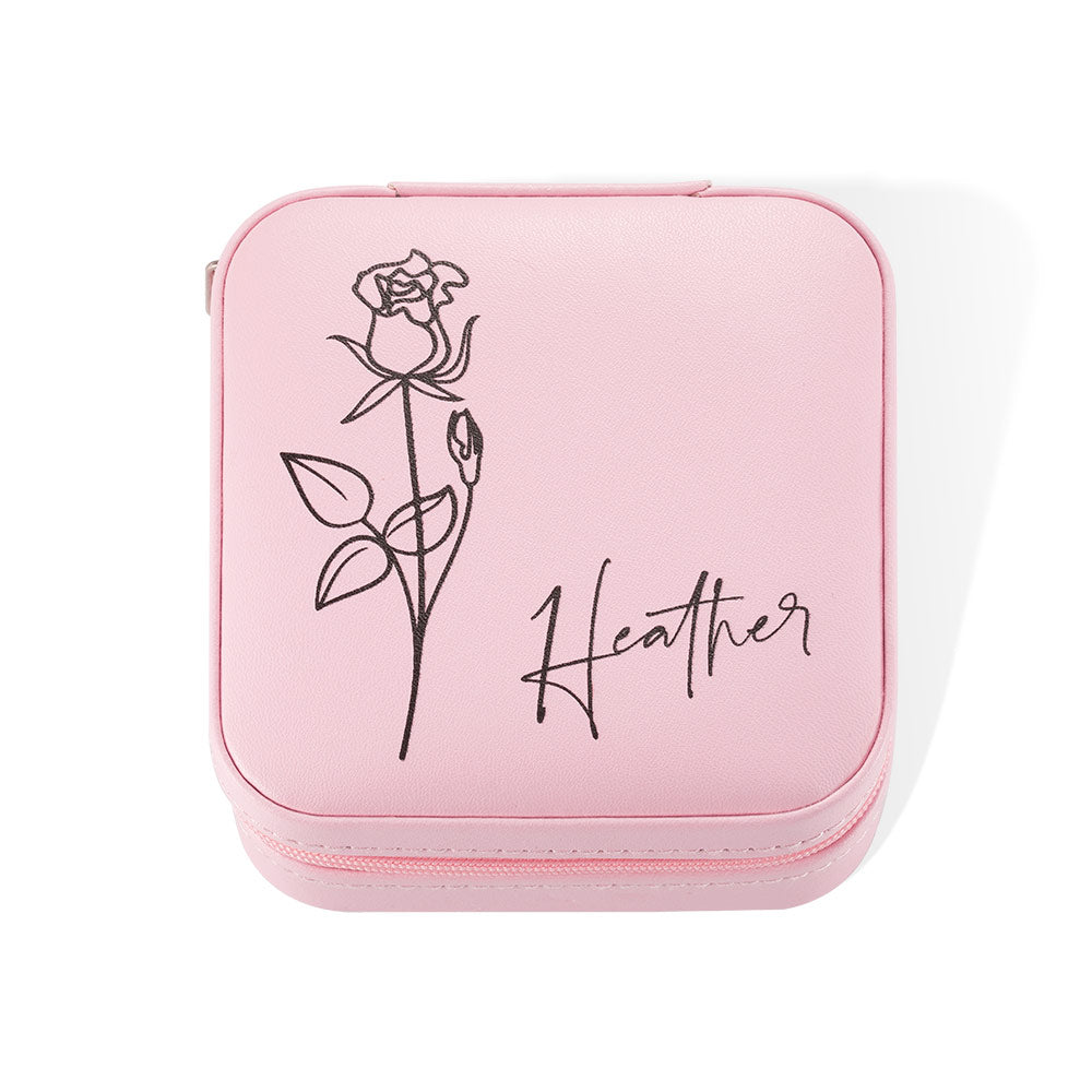 Custom Name Birth Flower Jewelry Travel Case, personalized floral jewellry gift box