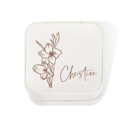 Custom Name Birth Flower Jewelry Travel Case, personalized floral jewellry gift box