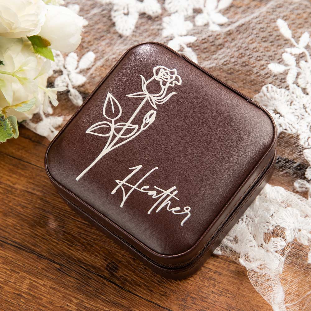 Custom Name Birth Flower Jewelry Travel Case, personalized floral jewellry gift box