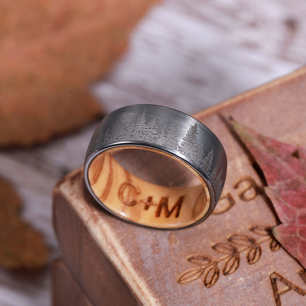 Engraved Wood Ring With Forest Trees Nature Ring With Ring Box