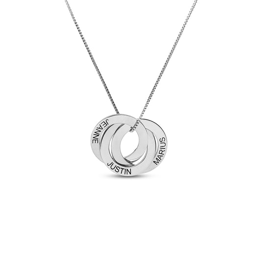 Engraved Russian Ring Necklace, 18k Gold Plated Multi Circle Name Necklace, Silver Family Name Engraved Pendant, Moms Personalize Gift,