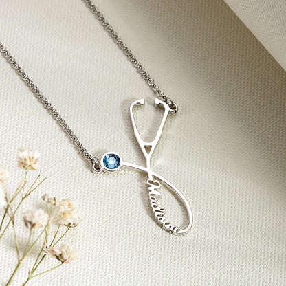 Personalized Stethoscope Name Necklace with Birthstone, custom gift for doctors nurses or medical students