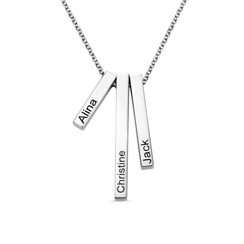 Engraved Triple 3D Vertical Bar Necklace for family names, Personalized Multiple Name Necklace