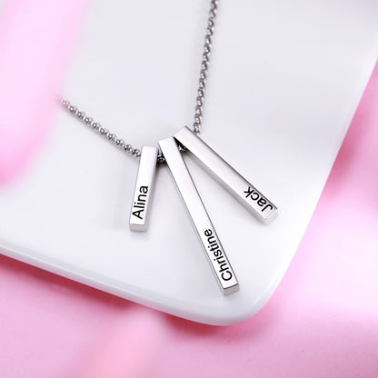 Engraved Triple 3D Vertical Bar Necklace for family names, Personalized Multiple Name Necklace