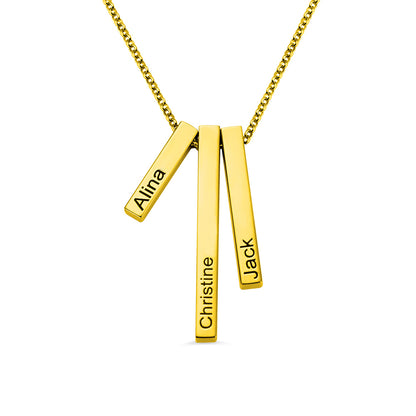 Engraved Triple 3D Vertical Bar Necklace for family names, Personalized Multiple Name Necklace