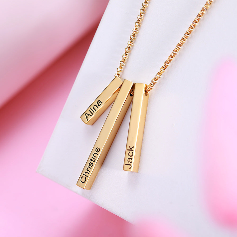 Engraved Triple 3D Vertical Bar Necklace for family names, Personalized Multiple Name Necklace