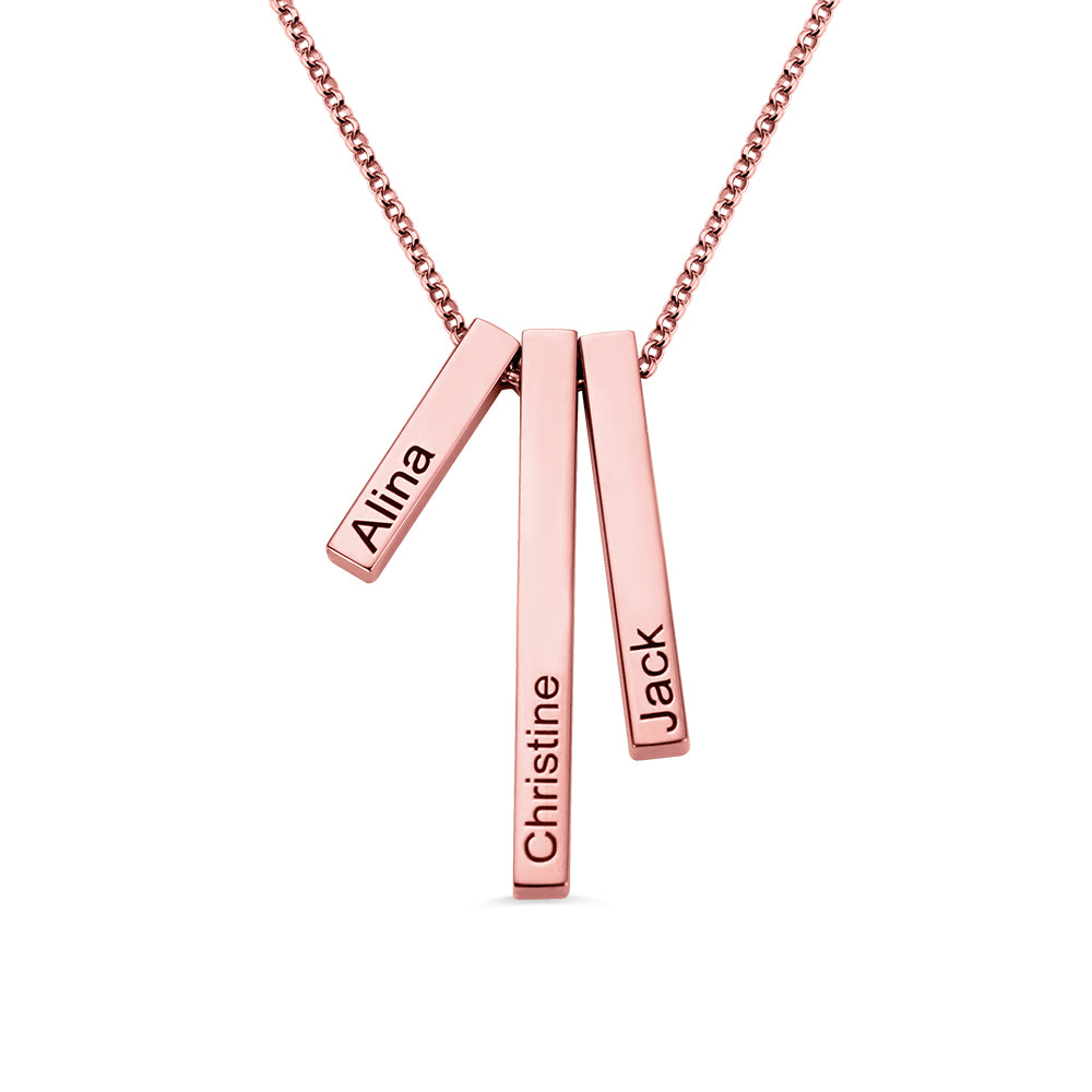 Engraved Triple 3D Vertical Bar Necklace for family names, Personalized Multiple Name Necklace