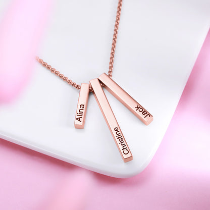 Engraved Triple 3D Vertical Bar Necklace for family names, Personalized Multiple Name Necklace