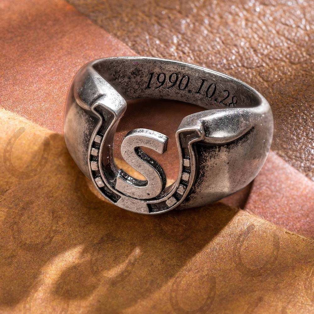 Customized Inner Engraved Letter Horseshoe Men's Ring