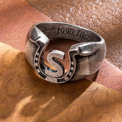 Customized Inner Engraved Letter Horseshoe Men's Ring