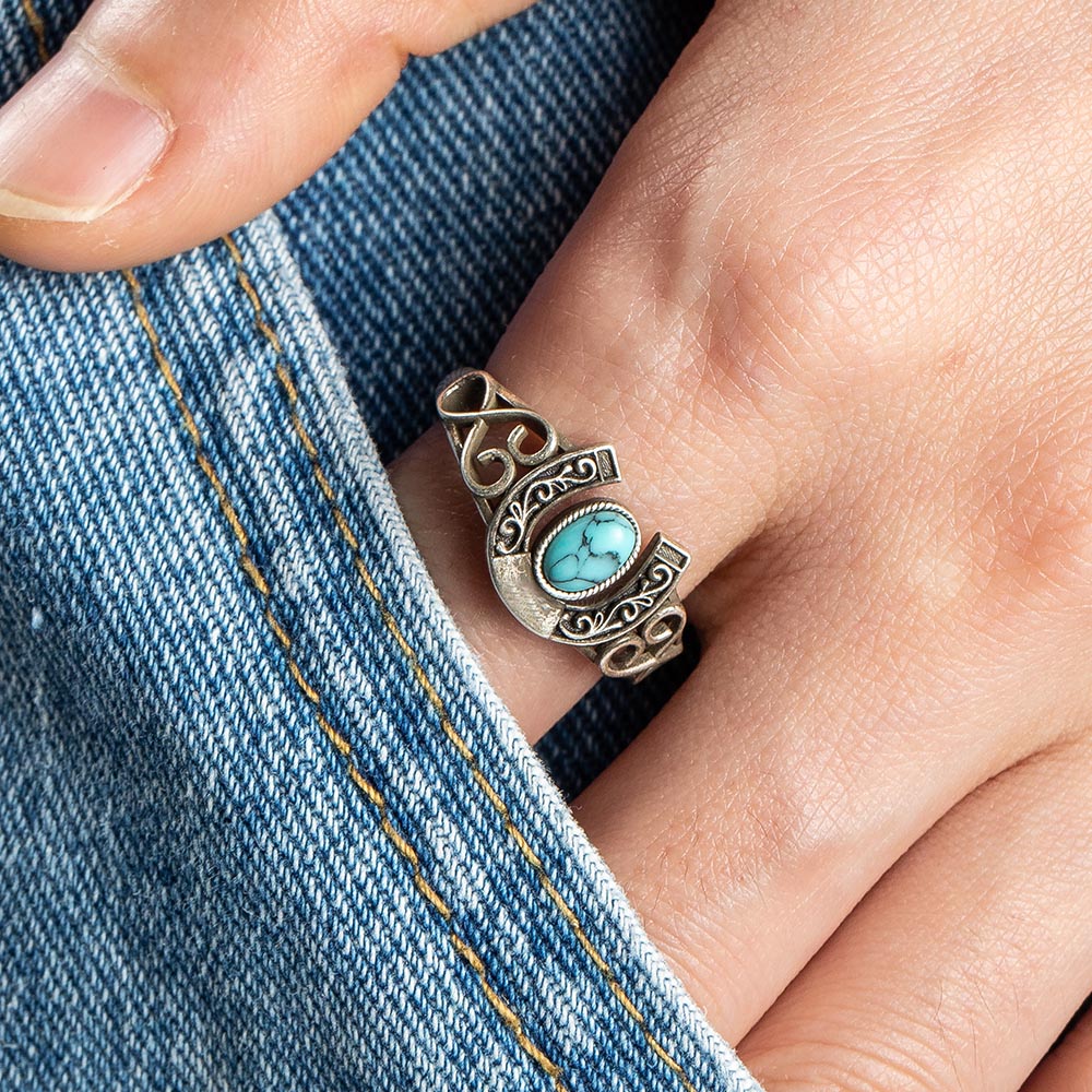 Custom Horse Shoes Turquoise Ring Brass