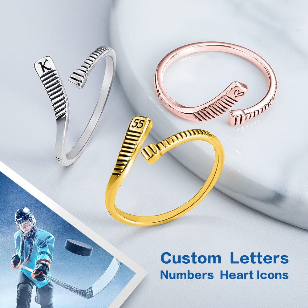 Sterling Silver Ice Hockey Ring, Personalized Name Number Hockey Stick Jewelry, Fantastic Gift for Hockey Mom Fans Team Players (NOT Advisable to List on Etsy)