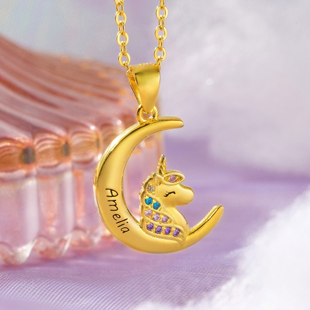 Brass/Unicorn Necklace with Personalized Name,  Crescent Moon Pendant Heart Locket Necklaces Gift to Daughter, Granddaughter, Niece, Unicorn Jewelry for Girls