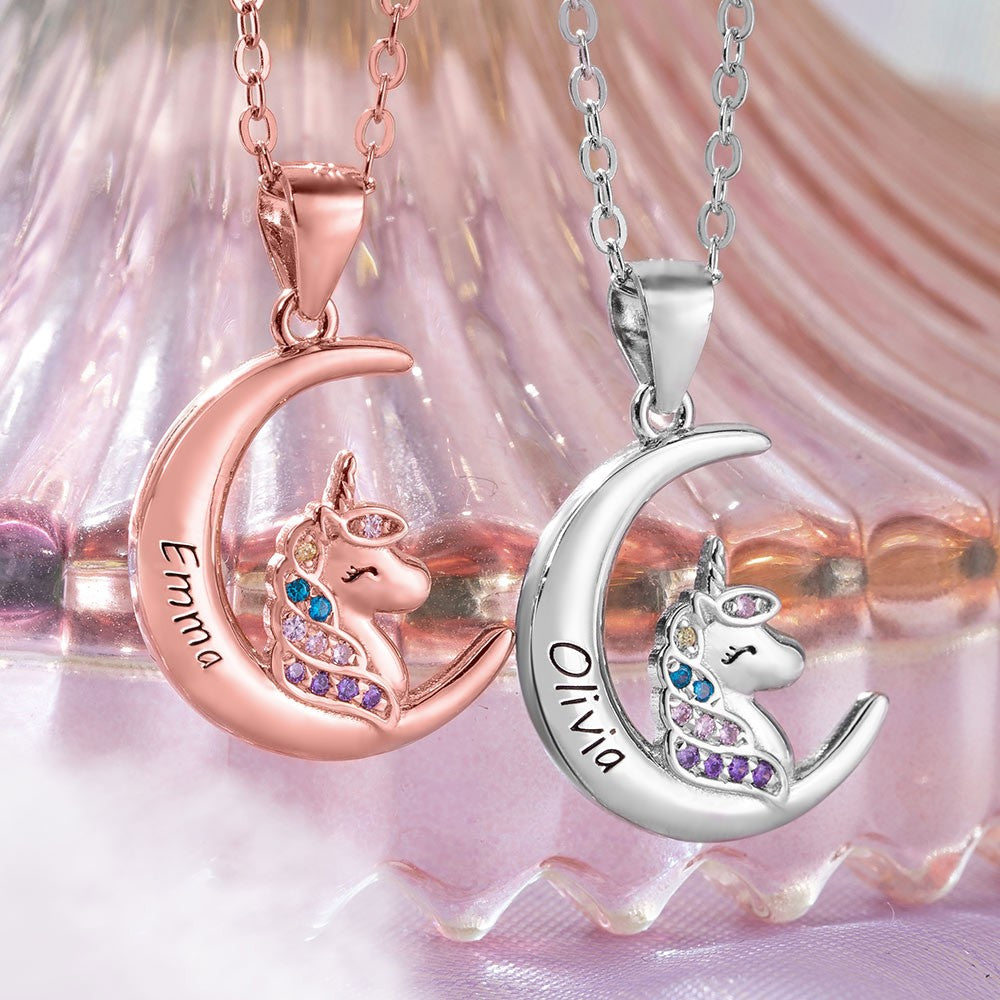 Brass/Unicorn Necklace with Personalized Name,  Crescent Moon Pendant Heart Locket Necklaces Gift to Daughter, Granddaughter, Niece, Unicorn Jewelry for Girls