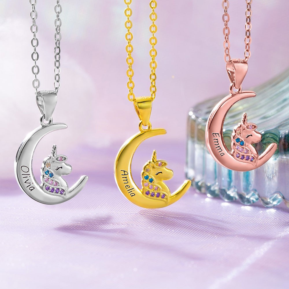 Brass/Unicorn Necklace with Personalized Name,  Crescent Moon Pendant Heart Locket Necklaces Gift to Daughter, Granddaughter, Niece, Unicorn Jewelry for Girls
