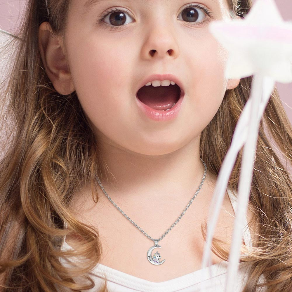 Brass/Unicorn Necklace with Personalized Name,  Crescent Moon Pendant Heart Locket Necklaces Gift to Daughter, Granddaughter, Niece, Unicorn Jewelry for Girls