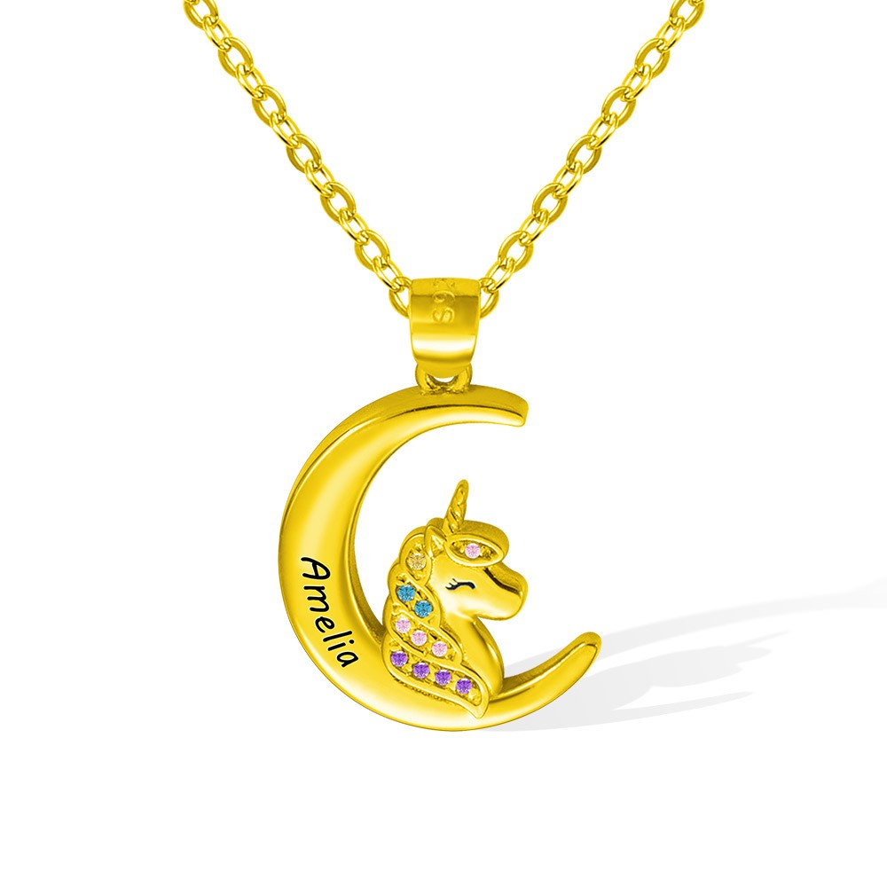 Brass/Unicorn Necklace with Personalized Name,  Crescent Moon Pendant Heart Locket Necklaces Gift to Daughter, Granddaughter, Niece, Unicorn Jewelry for Girls