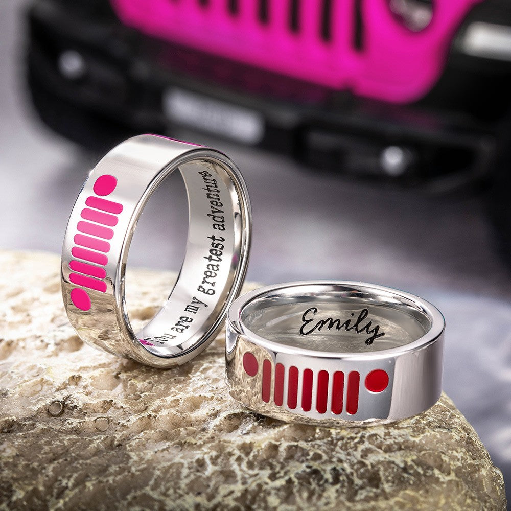 Custom Name Jeep Ring, Stainless Steel Unisex Ring with Jeep Grill and Headlights Pattern, Jewelry Gift for Jeep Girl/Jeep Guy/Jeep Lovers (NOT Advisable to List on Etsy)