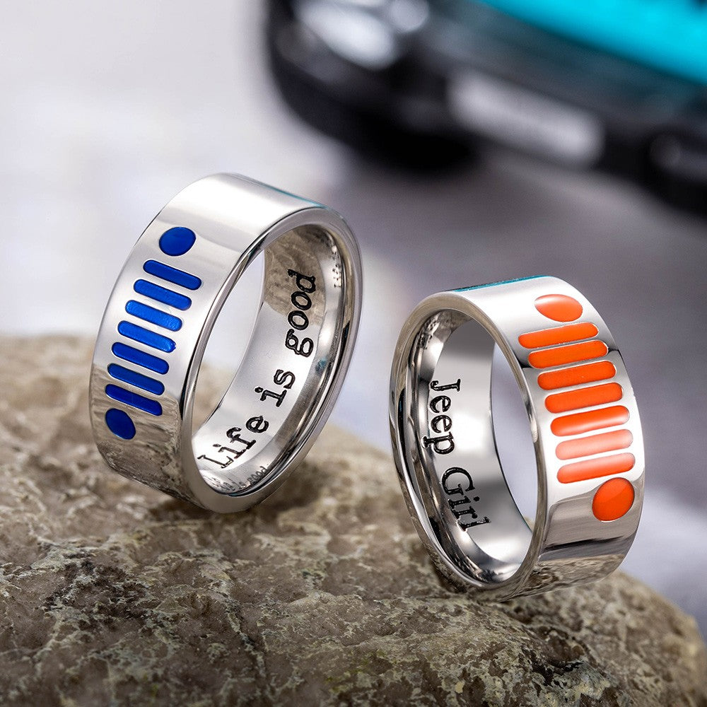 Custom Name Jeep Ring, Stainless Steel Unisex Ring with Jeep Grill and Headlights Pattern, Jewelry Gift for Jeep Girl/Jeep Guy/Jeep Lovers (NOT Advisable to List on Etsy)