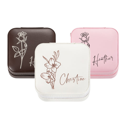 Custom Name Birth Flower Jewelry Travel Case, personalized floral jewellry gift box