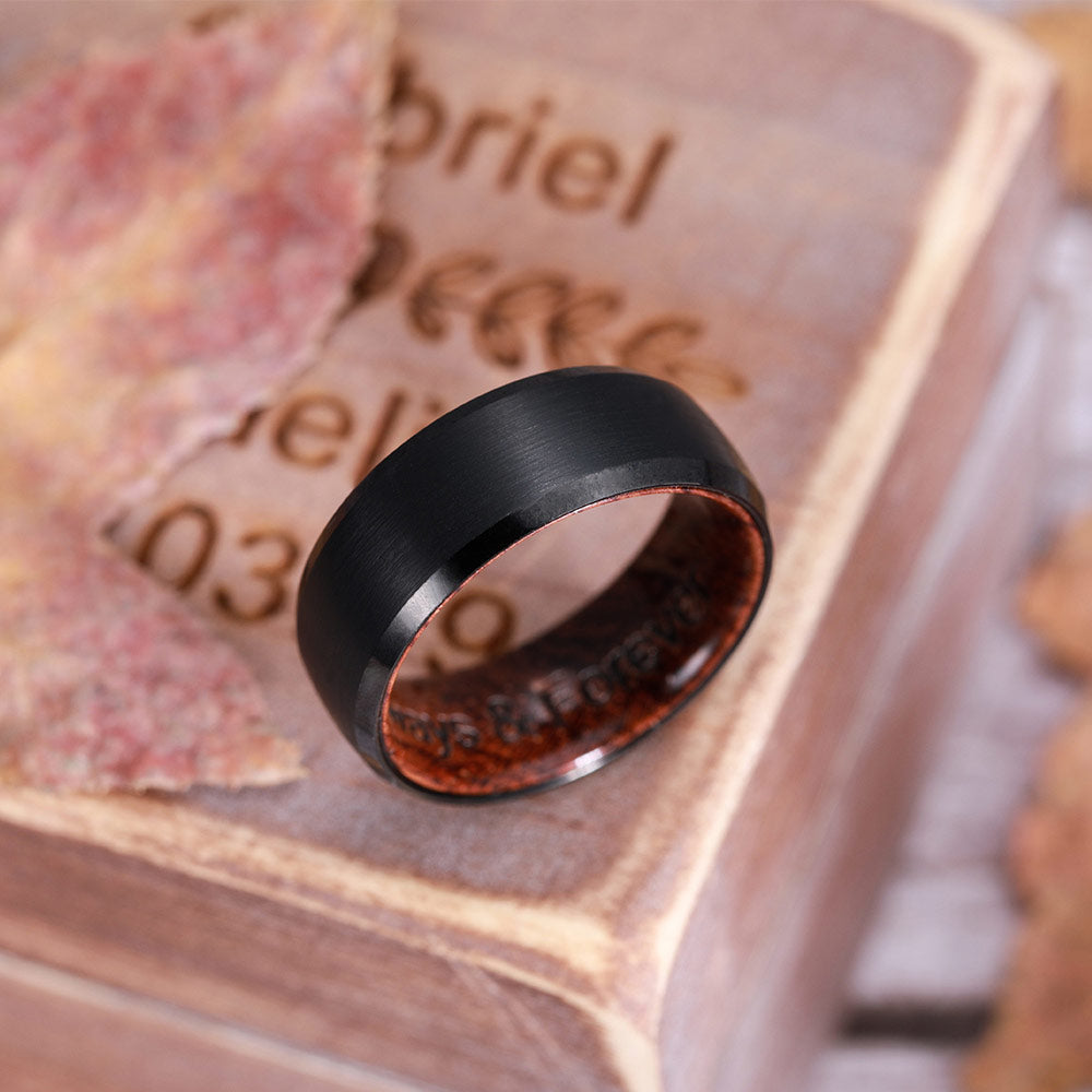 Engraved Black Ironwood Ring With Ring Box