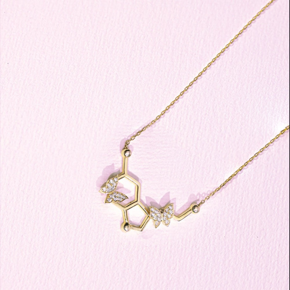 Brass Necklace, Serotonin Molecule Necklace with Butterfly, Science Jewelry, Molecule Necklace, Science Necklace, Doctors Necklace, Gift for Mom/Her/Best Friend