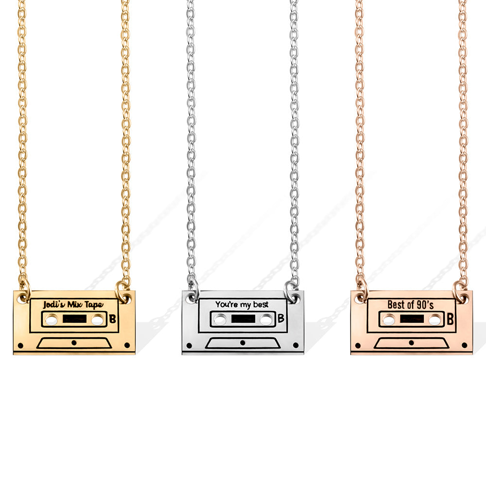Stainless Steel/Custom Cassette Tape Necklace, Personalized 80's/90's Retro Mix Tape Jewelry, Vintage Love Songs Pendant Cassette Charm, Gift for Wife/Mom/Girlfriend