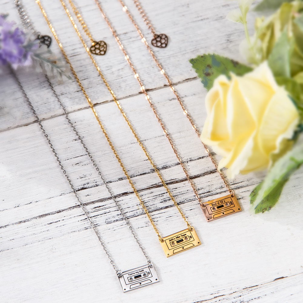 Stainless Steel/Custom Cassette Tape Necklace, Personalized 80's/90's Retro Mix Tape Jewelry, Vintage Love Songs Pendant Cassette Charm, Gift for Wife/Mom/Girlfriend