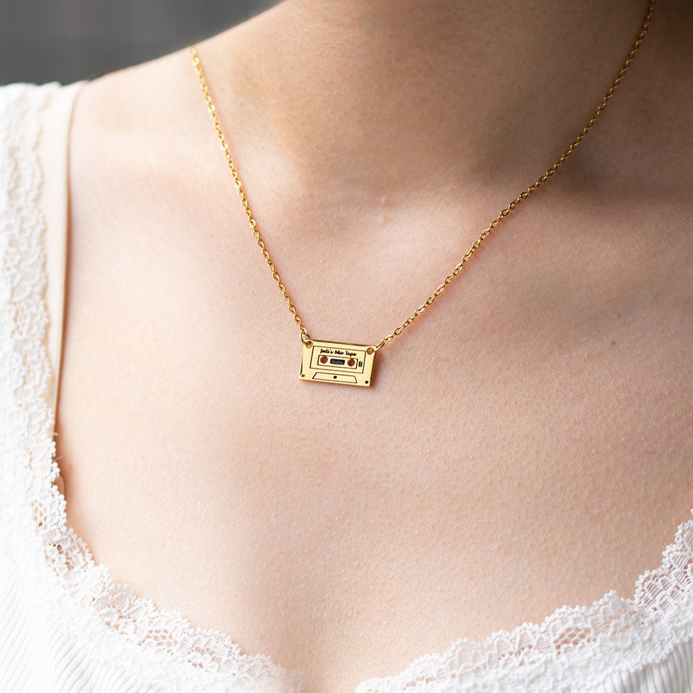 Stainless Steel/Custom Cassette Tape Necklace, Personalized 80's/90's Retro Mix Tape Jewelry, Vintage Love Songs Pendant Cassette Charm, Gift for Wife/Mom/Girlfriend