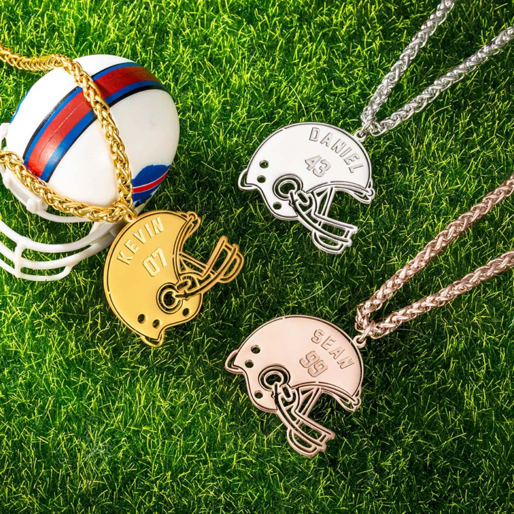 Helmet Name Necklace, Personalized Carved Name Jersey Number Helmet Pendant Chain for Sports Football Fans