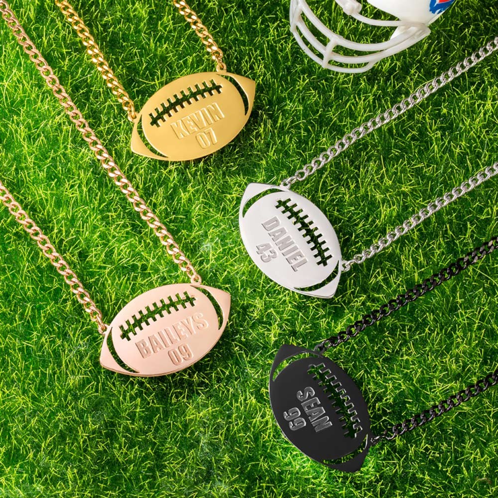 American Football Name Necklace, Personalized Carved Name Jersey Pendant Chain for Sports Football Fans