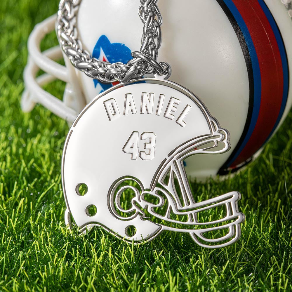 Helmet Name Necklace, Personalized Carved Name Jersey Number Helmet Pendant Chain for Sports Football Fans