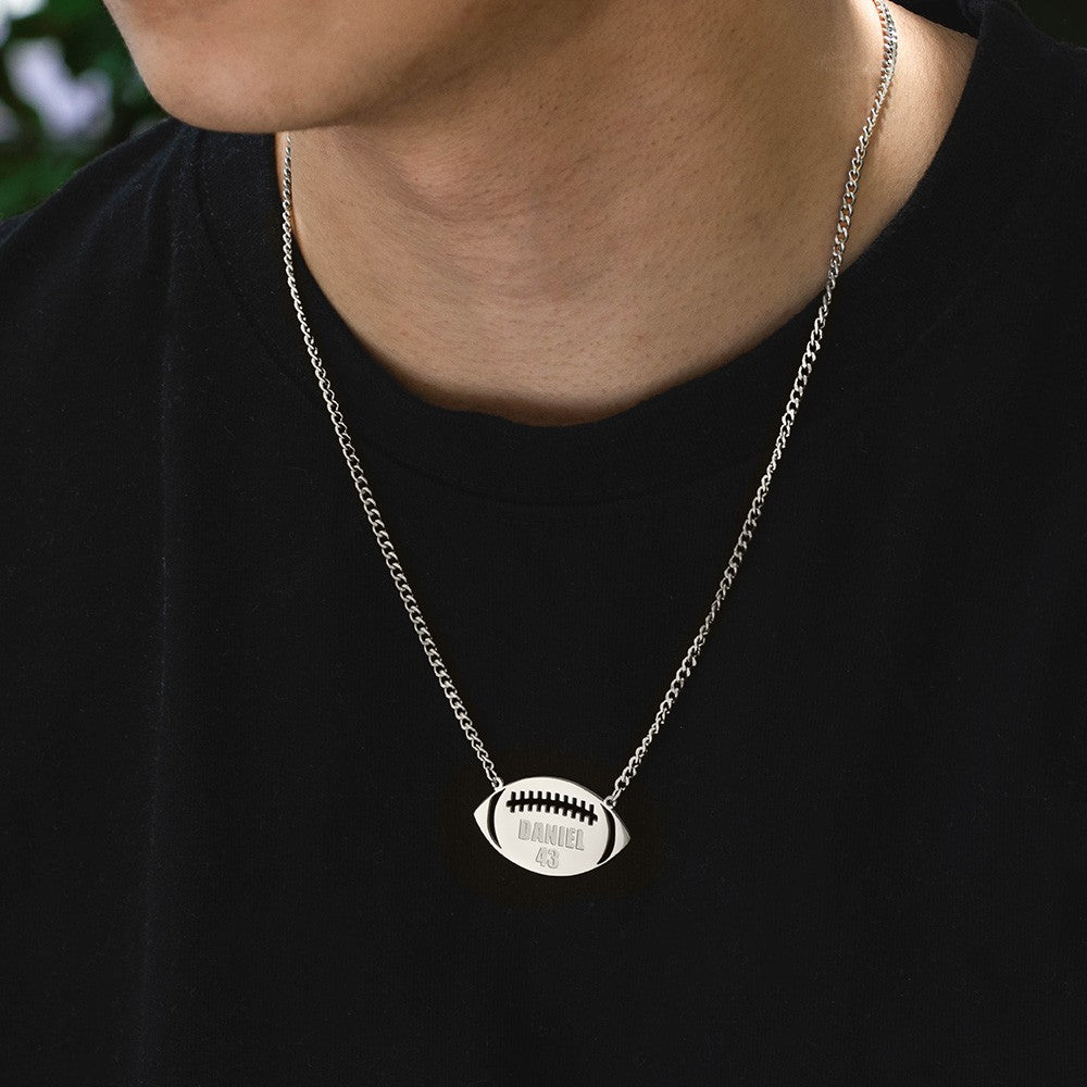 American Football Name Necklace, Personalized Carved Name Jersey Pendant Chain for Sports Football Fans