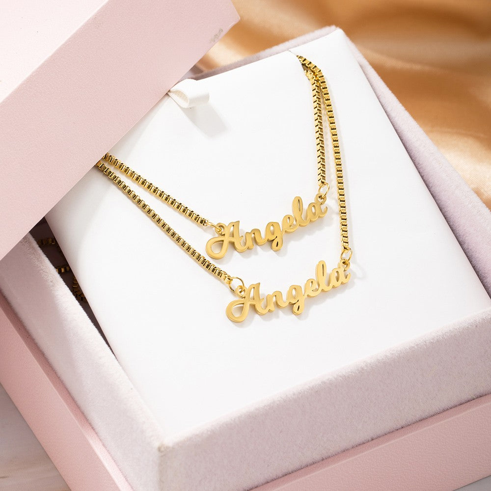 Custom Name Necklace Double Chain Necklace with Name, Minimalist Layered Necklace Set of 2, Handwriting Name Jewelry Gift for Her