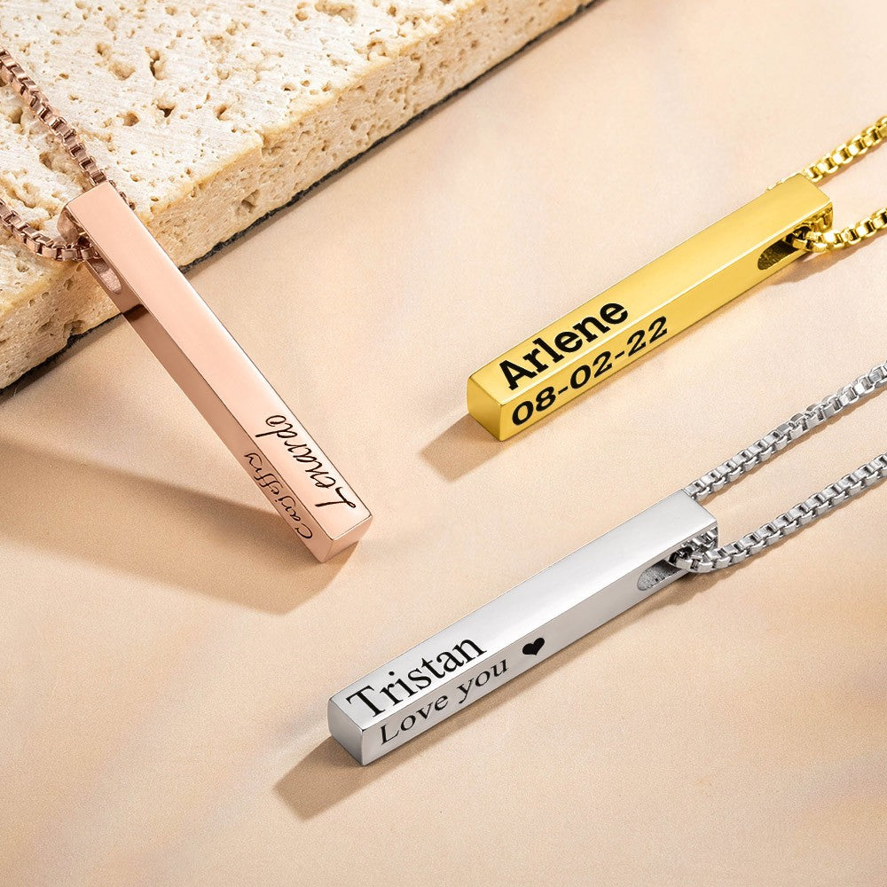 Sterling Silver 925 Jewelry, Custom Engraved 4 Sides Bar Necklace,  Birthday/Anniversary/Valentine's Day/Mother's Day Gift for Her