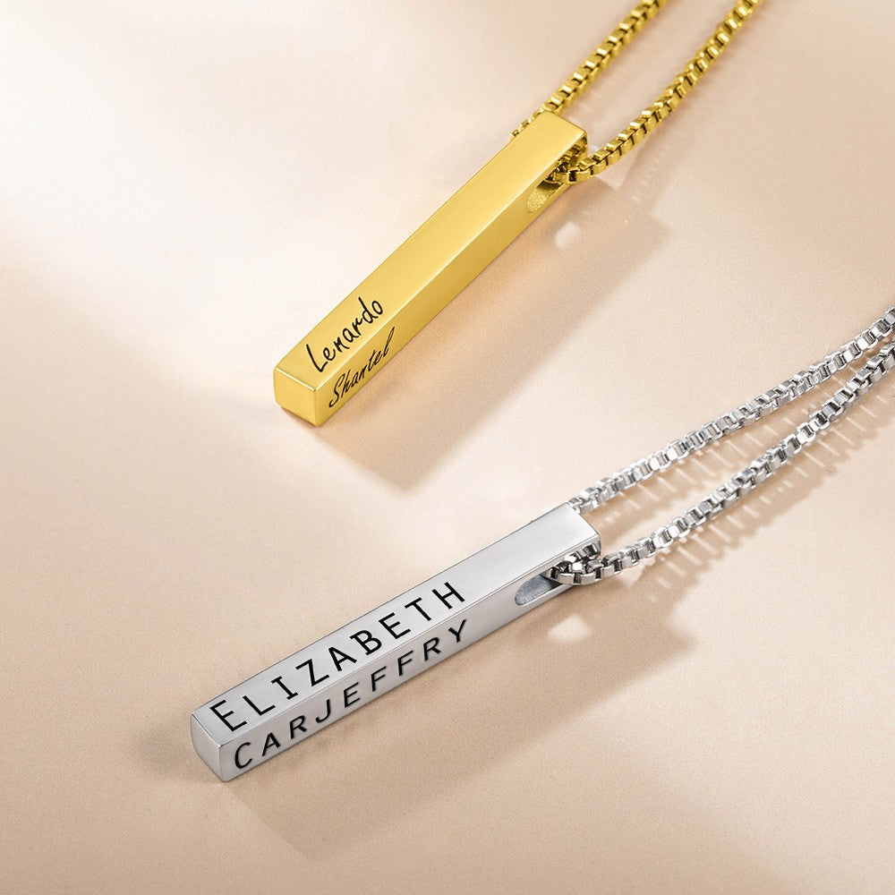 Sterling Silver 925 Jewelry, Custom Engraved 4 Sides Bar Necklace,  Birthday/Anniversary/Valentine's Day/Mother's Day Gift for Her