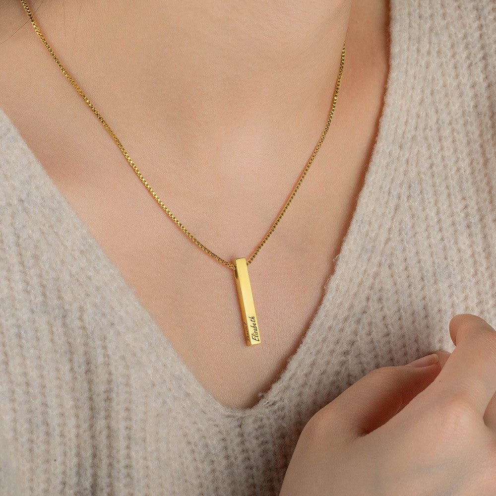 Sterling Silver 925 Jewelry, Custom Engraved 4 Sides Bar Necklace,  Birthday/Anniversary/Valentine's Day/Mother's Day Gift for Her