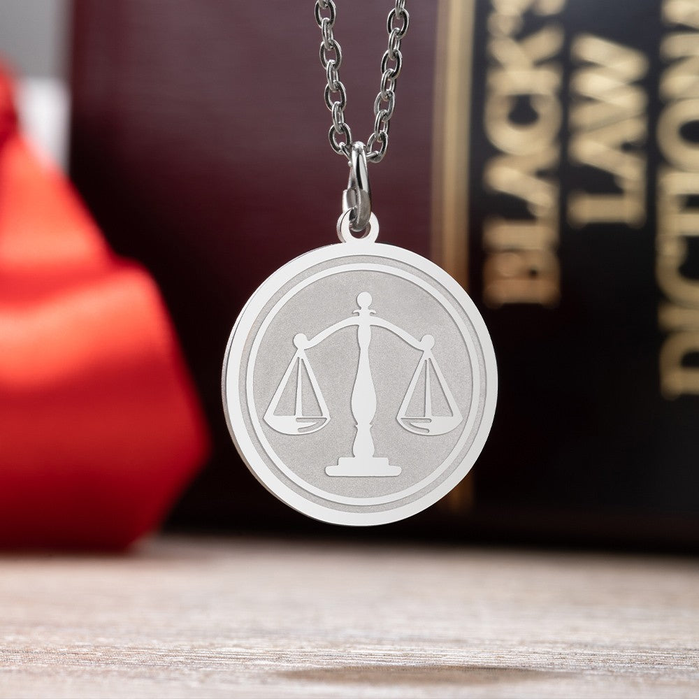 Stainless Steel Necklace, Personalized Scale of Justice Necklace, Gold Lawyer Charm, Libra Scales Disc, Birthday/Graduation Gift for Lawyers/Graduates/Friends