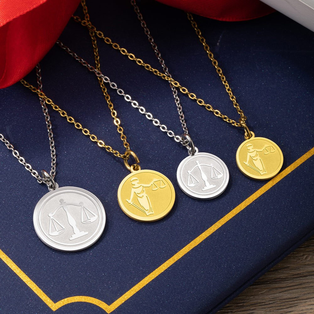 Stainless Steel Necklace, Personalized Scale of Justice Necklace, Gold Lawyer Charm, Libra Scales Disc, Birthday/Graduation Gift for Lawyers/Graduates/Friends
