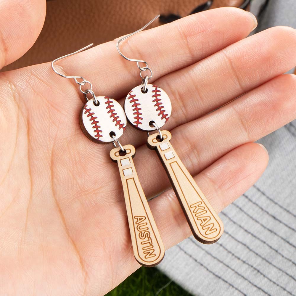 Personalized Name Baseball Earrings, Wooden Baseball Bat Jewelry, Sports Jewelry, Softball Earrings, Gift for Sports Mom/Daughter/Baseball Fan