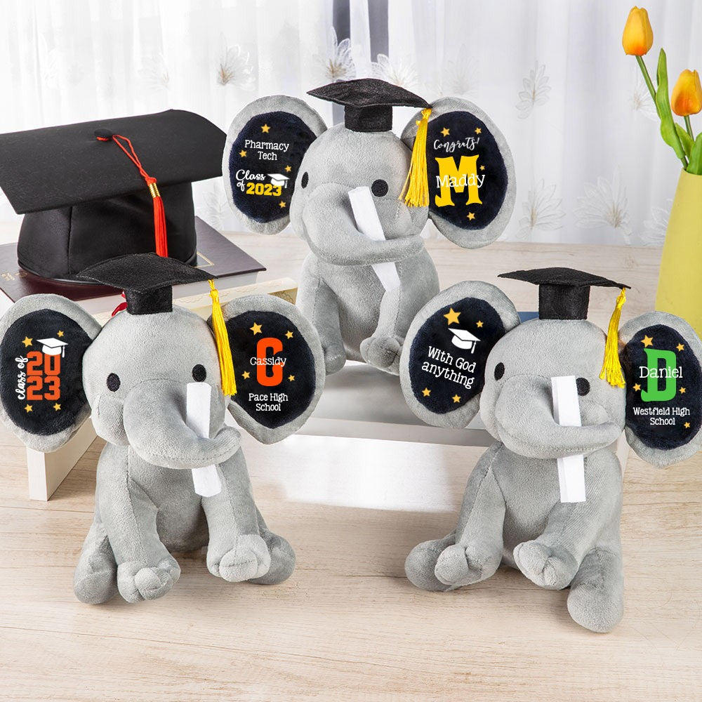 Custom Graduation Elephant Stuffed Animal, High School University Class of 2023 Graduation Gift, Graduation Keepsake, Preschool Graduation Gift