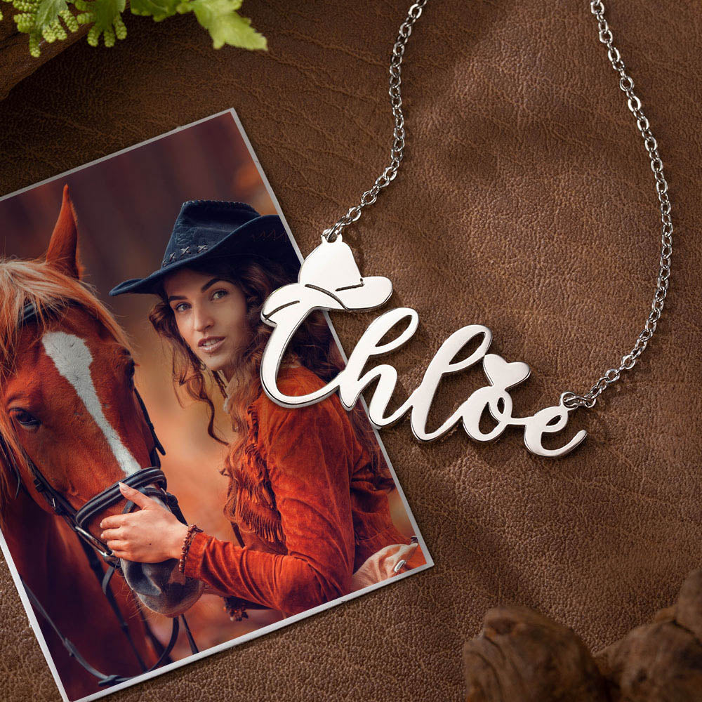 Silver925 Necklace,Personalized Name Necklace with Cowboy Hat, Cowboy Fashion, Cowboy Necklace, Name Necklace with Heart, Gift for Friend/Cowboy