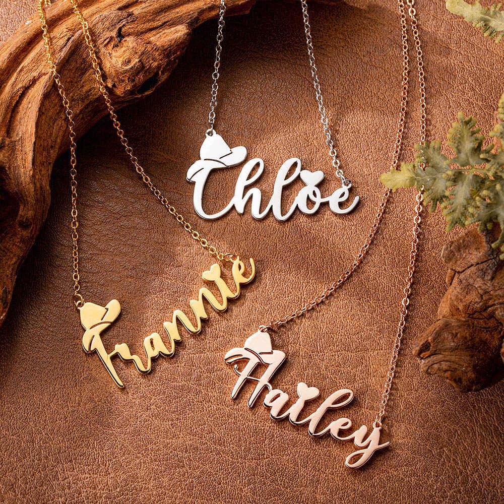 Silver925 Necklace,Personalized Name Necklace with Cowboy Hat, Cowboy Fashion, Cowboy Necklace, Name Necklace with Heart, Gift for Friend/Cowboy