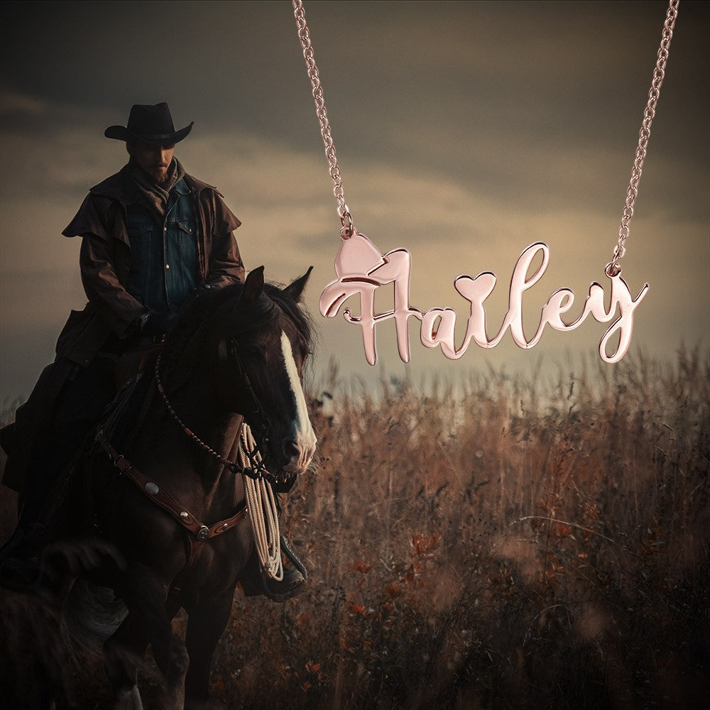 Silver925 Necklace,Personalized Name Necklace with Cowboy Hat, Cowboy Fashion, Cowboy Necklace, Name Necklace with Heart, Gift for Friend/Cowboy